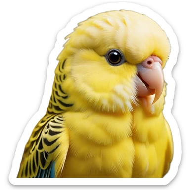 Cinematic Noble Yellow Budgie Portrait Emoji, Poised and regal, with a petite, delicate build and a smooth, well-groomed fur of brilliant yellow feathers, deep-set soulful dark eyes, Simplified yet sharp and sophisticated features, highly detailed, glowing with a soft, dignified glow, high shine, intelligent and charming, stylized with an air of elegance, focused and attentive, soft glowing outline, capturing the essence of a watchful and confident avian companion, so majestic it feels as though it could flutter out of the screen with effortless authority! sticker