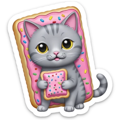 Gray Cat wearing a pink pop tart while there is rainbows coming from the pop tart sticker