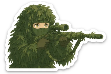 1 female, gold yellow eyes, face covered green balaclava, full military ghillie sniper camouflage, rifle up, camouflaged rifle wrap sticker