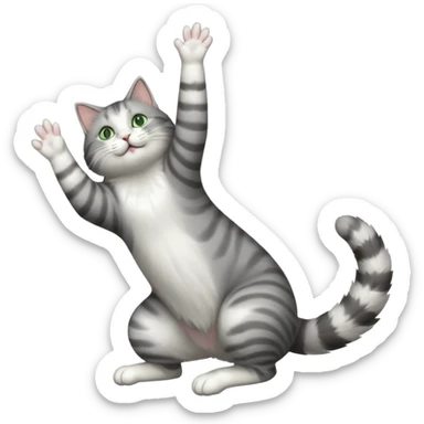 grey and white cat with green eyes doing a big extremely long stretch reaching up into the air with arms and legs side by side together straight and overextended whilst lying on its side sticker