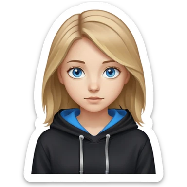 girl with blue eyes, shoulder-length brown hair with blonde highlights, wearing a black hoodie sticker