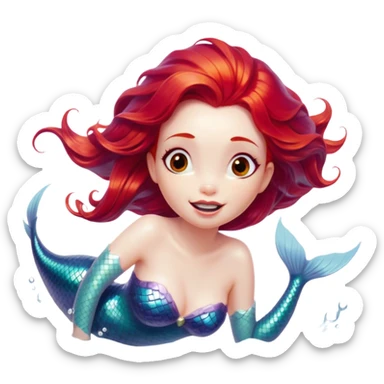 Cinematic Realistic Red Hair Mermaid Portrait, head tilted dramatically with an exaggeratedly amused expression, featuring a striking, vibrant form with meticulously detailed, flowing red hair and luminous porcelain skin. Her expressive eyes burst with playful marine mischief, rendered with dynamic underwater lighting and vibrant textures that convey an air of cheeky oceanic whimsy and over‐the‐top mermaid charm. sticker