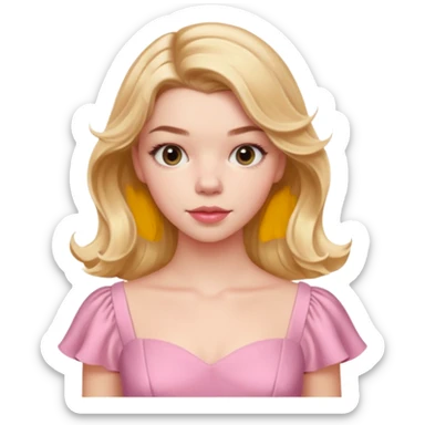 Cinematic Realistic Anya Taylor Joy Portrait, depicted with lifelike skin texture, subtle rosy undertones, and soft natural lighting that enhances the gentle contours of her face. Her intricately detailed golden blonde hair is elegantly wavy, and pink dress sticker