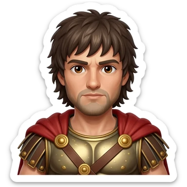 Spartacus from Rome Mythology with brown eyes, long dark brown hair, bronze metallic tunic, red metallic cloak sticker