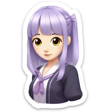 Anime girl with lilac hair, purple eyes, mole under eyes, japanese school uniform, bangs, straight long hair, hairband,  sticker