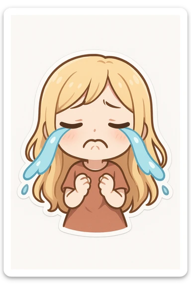 cute animated girl with long blonde hair, sad face, crying with cartoon tears, mouth downturned, plain white background sticker