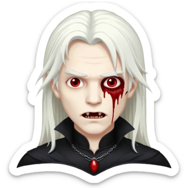 Creat a young man Vampire that have long white hair and white skin and full black eyes and bloody mouth and full black outfit  sticker