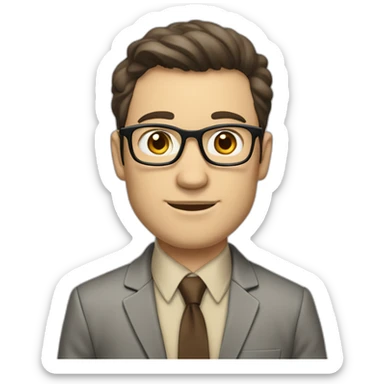 in front of a marker board Pale skinned fit man with dark brown hair in gray jacket, beige office shirt, brown tie, brown pants and vintage glasses. sticker