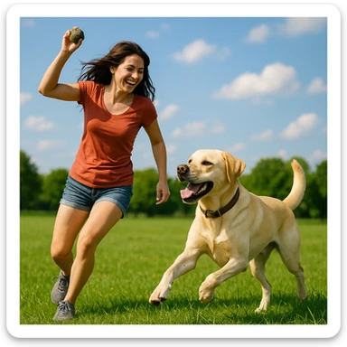 brunette girl playing fetch with a yellow labrador dog, outdoors, energetic and joyful mood, green grass and blue sky sticker