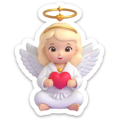 baby angel holding a heart, golden halo, white robe, blushing cheeks, cartoonish proportions sticker