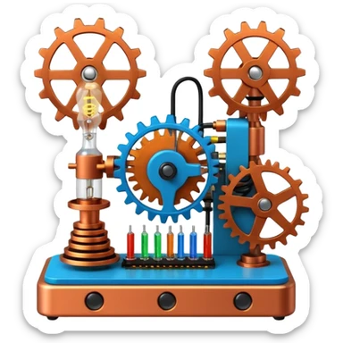science, chemicals, mechanical gears, electronics, electric wires, light bulb, LED, resistors, circuit board, ic, physics,  nuclear model sticker