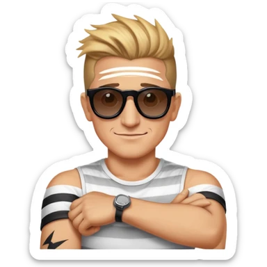 Create an emoji face with casey neistat sunglasses - and lightning bolts behind him - also add a stripe tatoo on his right arm sticker