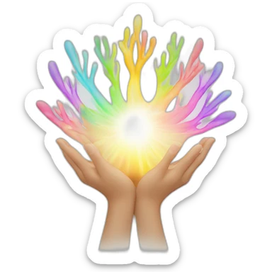 hands in a Reiki position, with a flowing aura of multicolored energy emanating from the palms sticker