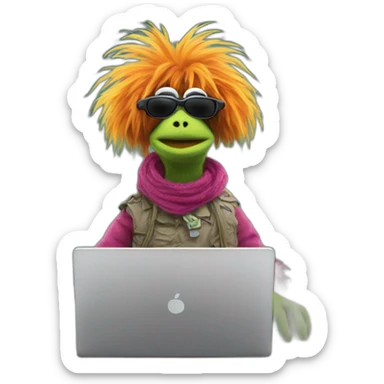 Fraggle with sunglasses working on a laptop sticker