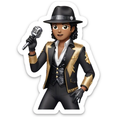 Create a dynamic emoji representing pop vocal performance with a vintage microphone as the centerpiece, surrounded by iconic elements of Michael Jackson's stage attire. Include the signature black sequined jacket, white gloves with rhinestones, and a fedora hat placed next to the mic, evoking the style and energy of classic pop performances. Add subtle sparkles or light effects around the microphone and the clothing to reflect the glamorous, energetic atmosphere of a pop concert. Use bold colors like black, silver, and gold to convey the showmanship and sophistication of pop music. The background should be transparent. sticker