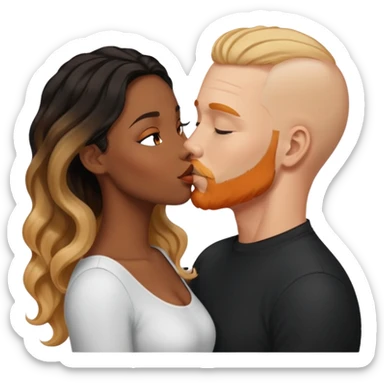 ebony black women with long brown/black wavy hair with blonde balayage highlights kissing bald white man. White man has orange facial hair sticker