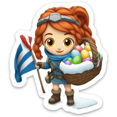 Greek Female winter mountaineer red hair white skin climbing with Greek Flag and Easter eggs basket sticker