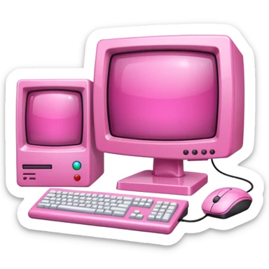 shiny pink translucent 90s computer with CRT monitor, keyboard, PC tower, mouse sticker