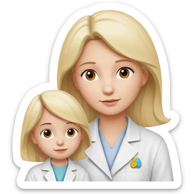 Mostre uma mulher vestida de jaleco branco, atendendo uma criança, expressão leve e detalhamento suave típico de emojis modernos. A cena deve ter um visual limpo, com sombras sutis e contornos suaves, mantendo o estilo cartoon 3D usado em emojis do iOS. Mantendo coerência com o estilo emoji.” sticker