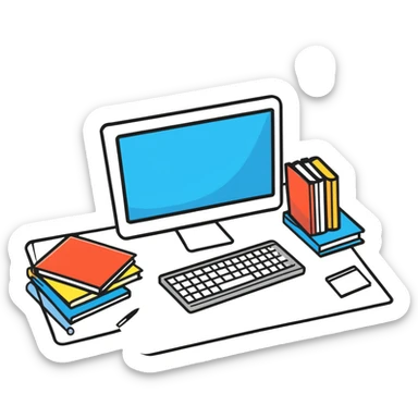 Computer on a desk with scattered books and notebooks sticker