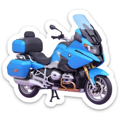 blue BMW R 1200 RT touring motorcycle with rider and saddlebags sticker