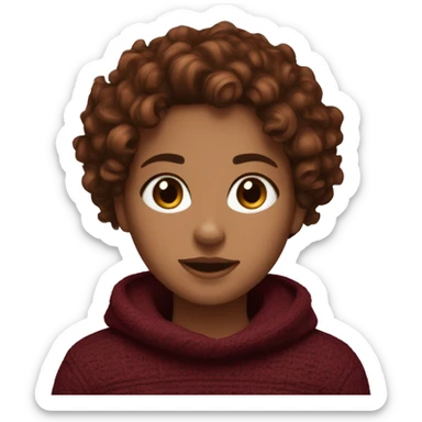 Girl with type 3B big curly copper brown hair, medium dark brown eyes, pals skin, wearing a maroon sweater  sticker