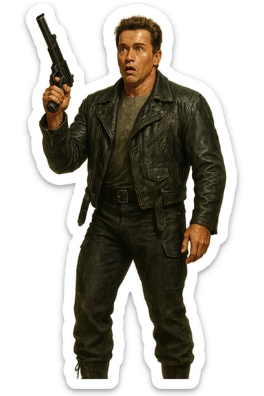 Full-body Terminator Arnold Schwarzenegger in leather jacket, surprised face, holding a gun raised, realistic painted style sticker