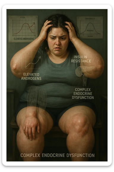 cinematic realistic in italiano Woman with PCOS struggling with hormonal chaos, transparent overlay showing elevated androgens and insulin resistance affecting her body, lipedema causing disproportionate fat accumulation in legs and arms despite normal torso, expression of frustration with unexplained weight gain, medical charts showing complex endocrine dysfunction, painful swollen limbs contrasting with metabolic confusion scrivi in italiano sticker