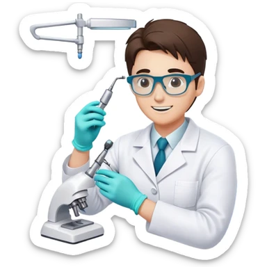 a dental technician at work, focusing on their upper half. they are wearing a white lab coat, protective glasses, and gloves, carefully crafting a dental prosthetic with precision tools. the background shows a clean, organized workspace with dental molds and equipmentDental technician  sticker