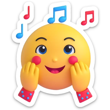 3D smiley emoji, large eyelashes, red polka dot bow, crying, tears, blue eyes, musical notes sticker