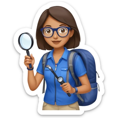 Happy woman hiker with glasses in vibrant dark blue and white outfit, backpack, holding magnifying glass sticker