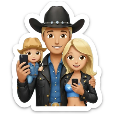 happy man in a leather jacket and cowboy hat holding a tiny naked blonde woman like a phone, with a starry sky background sticker