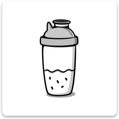 A protein shake in a shaker bottle with details in pastel colors (dd9fb0, ffc6d3, a3bfc9, c4bee2, f1b091), hand-drawn doodle style sticker