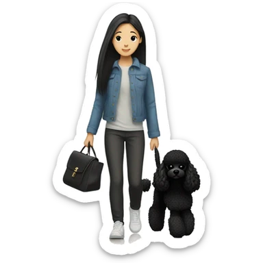 One Korean girl with black long straight hair with one black poodle is walking. sticker
