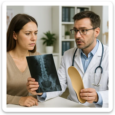 Realistic 4K image of a woman consulting an orthopedist who is showing an X-ray, showing an orthotic insole and explaining her postural problems, professional medical environment. sticker