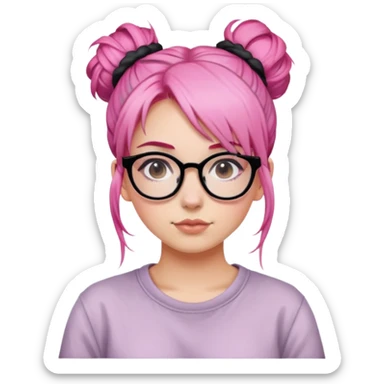 Girl with pink hair in a messy bun and black glasses sticker