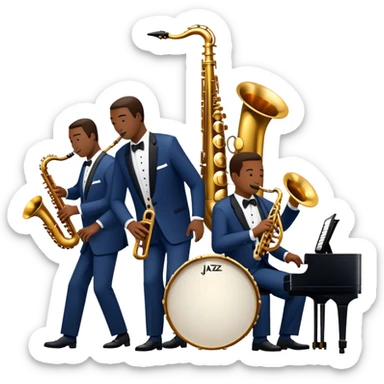 Icon for Jazz Music: The Jazz Messengers, featuring a dynamic composition with Art Blakey on drums and musicians playing saxophone, trumpet, and piano. Musical notes and a warm jazz club atmosphere emphasize the vibrant hard bop style. Transparent background. sticker