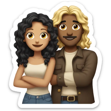 Tan Man with curly long black hair hugging blonde girl  sticker