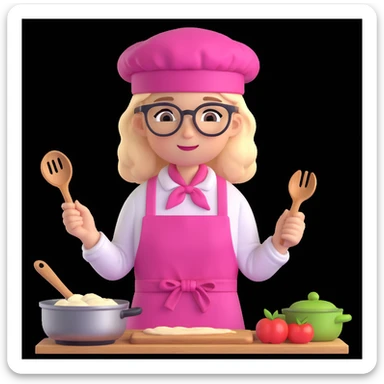 a girl with glasses and a pink kitchen hat cooking, 3D cartoon style sticker