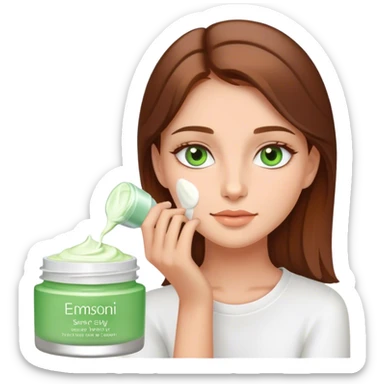 A cute girl putting a cream on her face with brown hair and green eyes sticker
