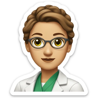 Female scientist with brown hair in a bun and green eyes sticker