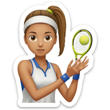 a woman with a ponytail serving a tennis ball, focused face, tennis outfit sticker