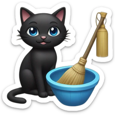 a black cat with blue eyes who sits in a village bathhouse with an oak broom and drinks kvassa broom sticker