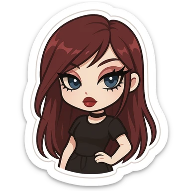 pretty emo girl, burgundy long hair, pale skin, blue eyes, strong lashes and eyeliner, bratz baddie aesthetic sticker
