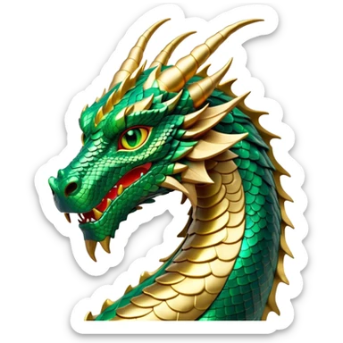 Cinematic Noble Dragon Portrait Emoji, Poised and majestic, with a sinuous, elongated body covered in intricately detailed, shimmering scales in hues of emerald and gold, and piercing, fiery eyes that reflect ancient wisdom; rendered with lifelike texture and natural highlights, high shine, intelligent and formidable, styled with an aura of mythic power, focused and attentive, soft glowing outline, capturing the essence of a legendary dragon that appears ready to soar out of the screen with timeless authority! sticker