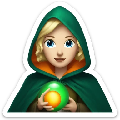 Blonde woman with blue eyes in dark green cloak holding an orange glowing orb sticker