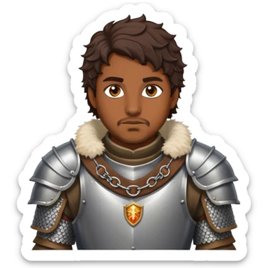 medieval battle armor worn by a DnD themed fantasy character. basic brigandine vest over chainmail with a fur-lined collar. armor only above the waist. The armor full waist. The character's haven't arms. character is dark brown hair amber eyes short wavy hair brown-skinned man. sticker
