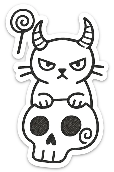 Add the iconic lollipop from the Trick 'R Treat movie hanging from one of the cat's demon horns, hand drawn style with sketchy lines, no fill, preserve the red spiral on the skull, transparent background. sticker