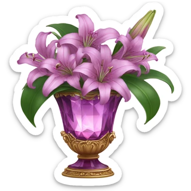 A luxurious bouquet of violet lilies in an ornate Pink crystal vase, placed on an antique wooden table with soft candlelight reflecting off its petals. sticker