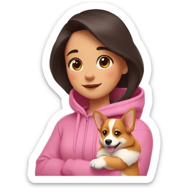 A girl with dark hair, in a pink hoodie hugs a corgi puppy, who winks with pleasure, and there are hearts around sticker